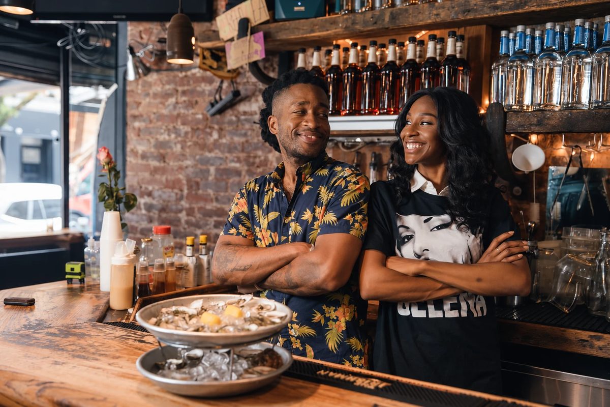Two business owners behind their bar