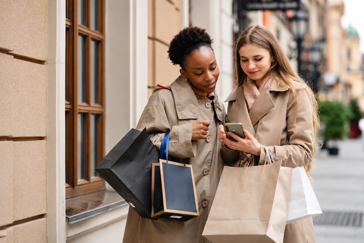 Two friends checking a phone while out shopping